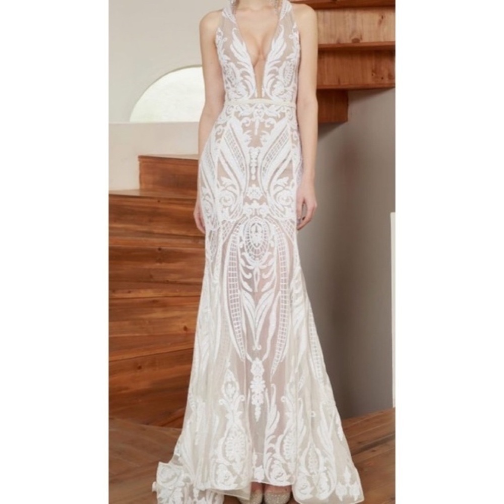 NWT Bronx And Banco Ester Beaded Deep V Sequin-embellished Gown Bridal Dress XS - Picture 9 of 13